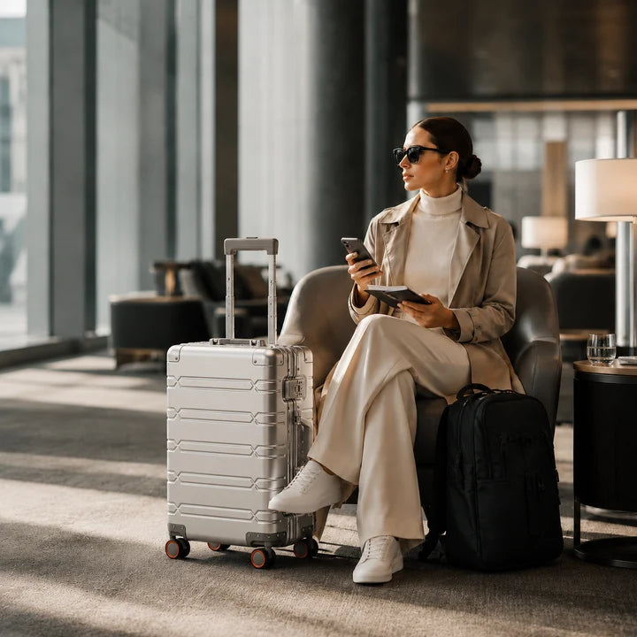 Voyageuse assise dans un aéroport avec une valise cabine argentée et un sac à dos noir