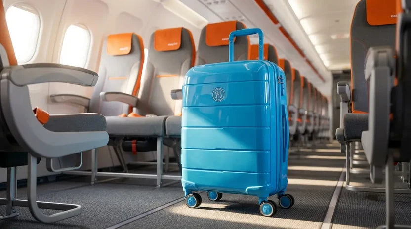 Valise cabine bleue posée dans l'allée d'un avion, entre des rangées de sièges